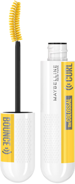 Otwarta mascara Maybelline The Colossal Curl Bounce w białej tubie, z żółtymi etykietami i podkręconą szczoteczką.