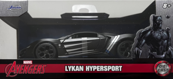Jada Toys Lykan Hypersport model samochodu Avengers, szary, w otwartym pudełku, widok z boku.