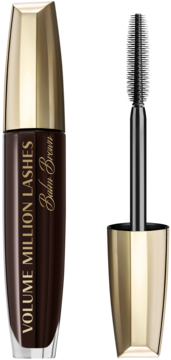 Ciemnobrązowy tusz Volume Million Lashes Balm Brown ze złotą zakrętką, obok czarna szczoteczka silikonowa.