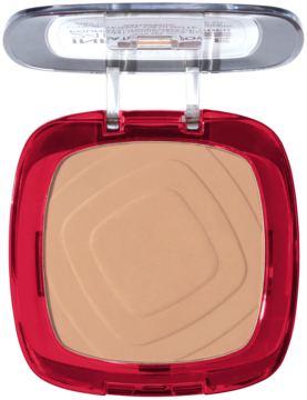 Beżowy podkład w pudrze L'Oréal Infaillible Fresh Wear w otwartym czerwonym kwadratowym kompakcie, widok z góry.