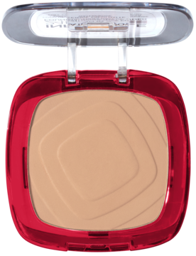 L'Oréal Paris Infaillible 24H Fresh Wear: otwarty czerwony kompakt, matowy beżowy podkład w pudrze, widok z góry.