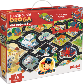 CzuCzu duże puzzle Droga dla pojazdów 96x64cm. Czerwone pudełko z kolorową ilustracją miasteczka, dróg i aut.