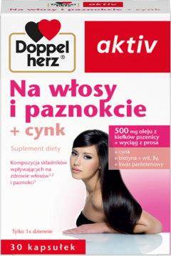 Białe pudełko Doppelherz aktiv Na włosy i paznokcie + cynk, z grafiką kobiety i różowymi pasami, przód.