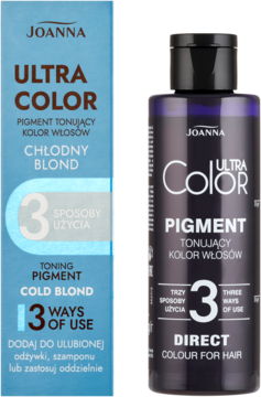 Joanna Ultra Color Pigment Cold Blond, butelka i kartonowe opakowanie. Fioletowy tonujący pigment do włosów, 3 sposoby.