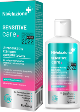 Nivelazione Sensitive Care ultradelikatny szampon, biała butelka i pudełko z zielono-różowym logo.