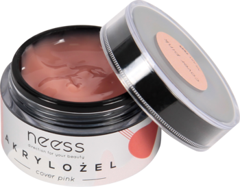 Przezroczysty, otwarty słoik akrylożelu Neess Cover Pink do paznokci, z różowym żelem i uchyloną pokrywką.