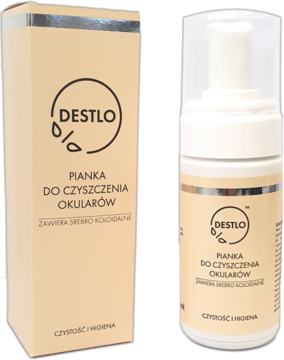 Pianka Destlo do czyszczenia okularów ze srebrem koloidalnym, beżowe pudełko i biała butelka 100ml, z przodu.
