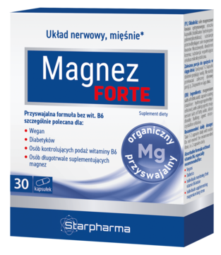 Niebiesko-białe pudełko Starpharma Magnez FORTE dla układu nerwowego, widok z przodu, organiczny magnez.