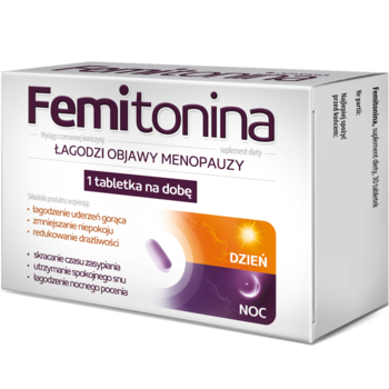 Białe pudełko suplementu Femitonina, łagodzącego objawy menopauzy, z fioletowo-pomarańczowym nadrukiem, widok z przodu.