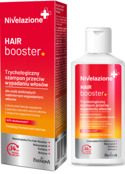 Nivelazione Hair Booster szampon przeciw wypadaniu włosów. Biała butelka i czerwone pudełko, widok z przodu.