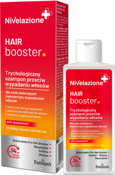 Nivelazione Hair Booster, trychologiczny szampon przeciw wypadaniu włosów, biała butelka z czerwonym pudełkiem.