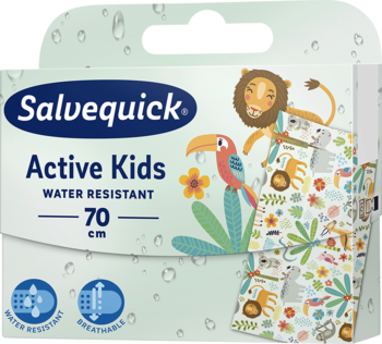 Salvequick Active Kids wodoodporne plastry dla dzieci 70 cm, biało-zielone opakowanie z rysunkami zwierząt, widok z przodu.