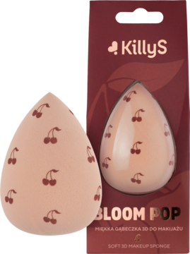 KillyS Bloom Pop, nude gąbeczka do makijażu w łezce z czerwonymi wiśniami, na tle czerwonego opakowania.