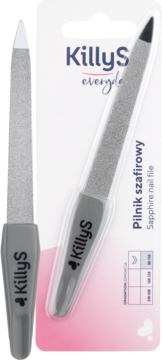 KillyS szafirowy pilnik do paznokci na blistrze i obok, szary, dwustronny, z końcówką do czyszczenia.