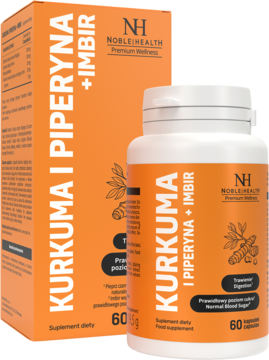Noble Health Kurkuma, Piperyna, Imbir suplement diety w pomarańczowej butelce i pudełku, widok z przodu.
