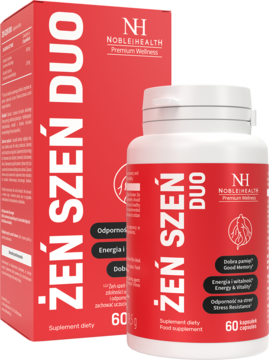 Suplement Żeń Szeń Duo Noble Health. Biała butelka z czerwoną etykietą, przed częściowo widocznym czerwonym pudełkiem.
