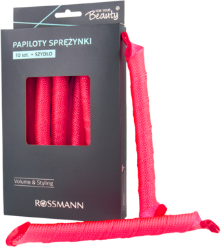 Czerwone papiloty sprężynki Rossmann, 10 szt. z szydłem, w czarnym pudełku, część wyłożona obok.
