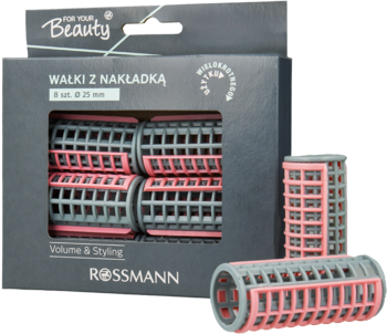 Szaro-różowe wałki do włosów z nakładką Rossmann, 8 szt., w pudełku i dwa luźne obok, widok z przodu.