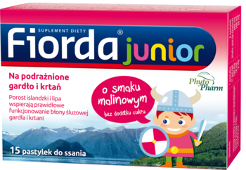 Różowe pudełko Fiorda junior o smaku malinowym, 15 pastylek do ssania na podrażnione gardło, z rysunkiem Wikinga.