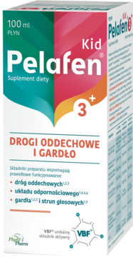 Pelafen Kid 3+ suplement diety 100 ml, biało-zielone pudełko, wspiera drogi oddechowe i gardło.