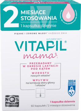 Białe pudełko suplementu VITAPIL mama, turkusowo-różowe logo, przód opakowania, na wzrost włosów po laktacji.