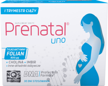 Białe pudełko suplementu Prenatal uno dla I trymestru ciąży, z aktywnym folianem i sylwetką ciężarnej kobiety.