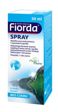 Fiorda SPRAY do gardła 30 ml, bez cukru, o smaku limetki, nawilża, w niebiesko-białym opakowaniu, widok z przodu.