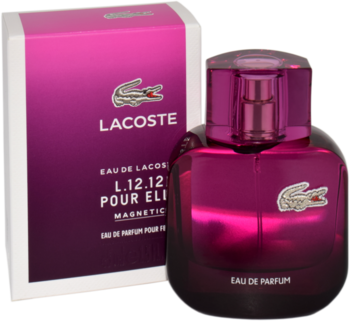Lacoste Pour Elle Magnetic, fioletowy perfum EDP z butelką i dopasowanym pudełkiem, widoczny krokodyl.