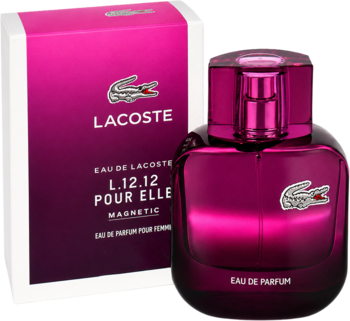 Lacoste L.12.12 Pour Elle Magnetic EDP, fuksjowa butelka perfum z metalicznym blaskiem i pudełko z logo, pod kątem.