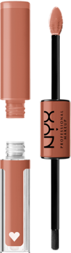 Dwustronna pomadka NYX Professional Makeup w kolorze ciepłego brązu. Otwarta tubka z sercem, obok aplikator.