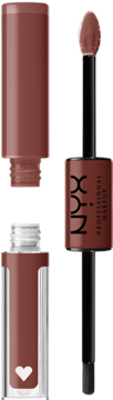 NYX Professional Makeup dwustronna pomadka płynna w brązowym nude, otwarta z aplikatorem i sercem.