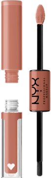 NYX Professional Makeup dwustronna pomadka w płynie w odcieniu nude, z otwartym aplikatorem i osobnym top coatem.