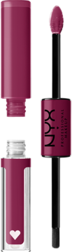 Dualna pomadka NYX w płynie, magenta, otwarta, z aplikatorami i sercem na opakowaniu.