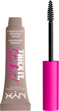 NYX Thick It! Stick It! pogrubiająca maskara do brwi. Beżowa tubka obok czarnej szczoteczki z różową rączką.
