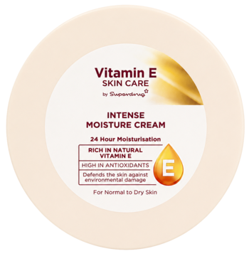 Krem Vitamin E Superdrug Intense Moisture Cream w beżowym, okrągłym opakowaniu, na skórę normalną i suchą, widok z góry.