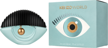 Kenzo World EDP w niebieskim flakonie-oku z czarną nakrętką i złotą kulką, obok pudełko z grafiką oka.