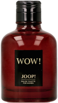 Bordowa butelka perfum JOOP! Wow! for Women z czarną etykietą i nakrętką, widok z przodu.
