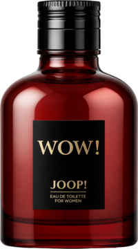 Bordowa butelka JOOP! Wow! Eau de Toilette for Women, z czarną etykietą i złotymi napisami, widok z przodu.