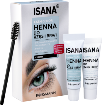 Zestaw ISANA Lash Color czarna henna do rzęs i brwi, białe pudełko, tubki i czarna szczoteczka.