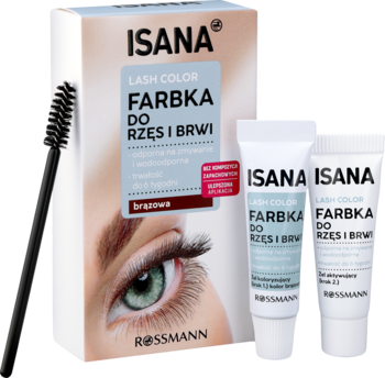 ISANA Lash Color brązowa farbka do rzęs i brwi w białym pudełku, z tubkami i szczoteczką, widok z przodu.