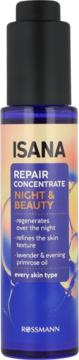 Isana Night & Beauty Repair Concentrate z lawendą i wiesiołkiem w ciemnofioletowej butelce z pompką, widok z przodu.