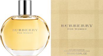 Burberry For Women woda perfumowana w złotej butelce obok beżowego pudełka z logo i klasyczną kratą Burberry.