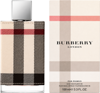 Burberry London woda perfumowana dla kobiet, butelka i pudełko z beżową kratą Burberry, widok z przodu.