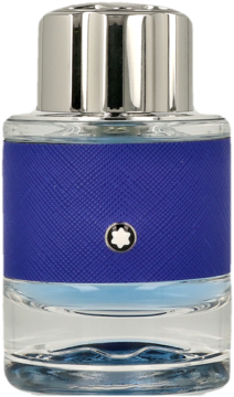 Mont Blanc Explorer Ultra Blue woda perfumowana, butelka z niebieskim teksturowanym pasem i logo, srebrna nakrętka, widok z przodu.