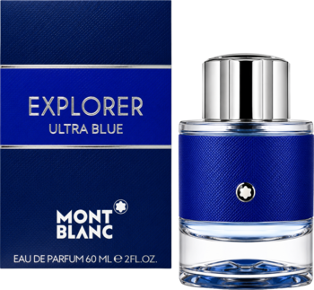 Mont Blanc Explorer Ultra Blue woda perfumowana: ciemnoniebieskie pudełko i flakon z srebrnym korkiem, widok z przodu.