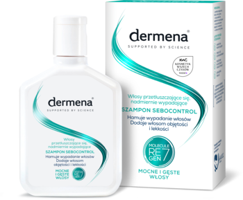Dermena Szampon Sebocontrol: biała butelka i pudełko z zielonymi falami, dla włosów przetłuszczających się i wypadających.