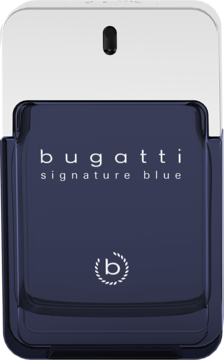 Błyszcząca butelka perfum Bugatti Signature Blue EDT w ciemnoniebieskim kolorze ze srebrną nakrętką, widok z przodu.