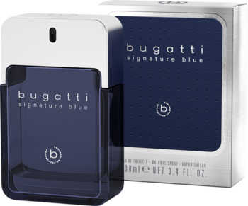 Granatowa butelka Bugatti Signature Blue woda toaletowa, z białym korkiem i dopasowanym pudełkiem, widok z przodu.