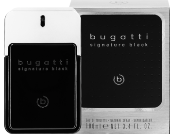 Bugatti Signature Black woda toaletowa w czarno-białej butelce, obok czarnego opakowania, widok z przodu.