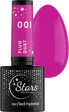Butelka lakieru hybrydowego Stars Fluo Dust 001, czarna z różową etykietą, obok jaskrawo różowa próbka.